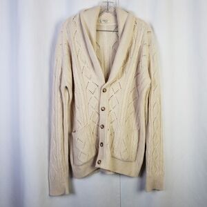 Vintage 100% 3 Ply Cashmere Shawl Collar Cardigan Sweater Cream Cable Knit L